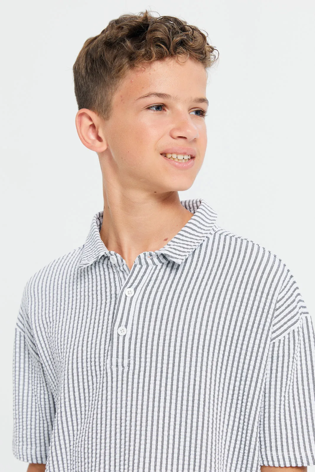 Senior Boys Grey Stripe Mandarin Polo Shirt