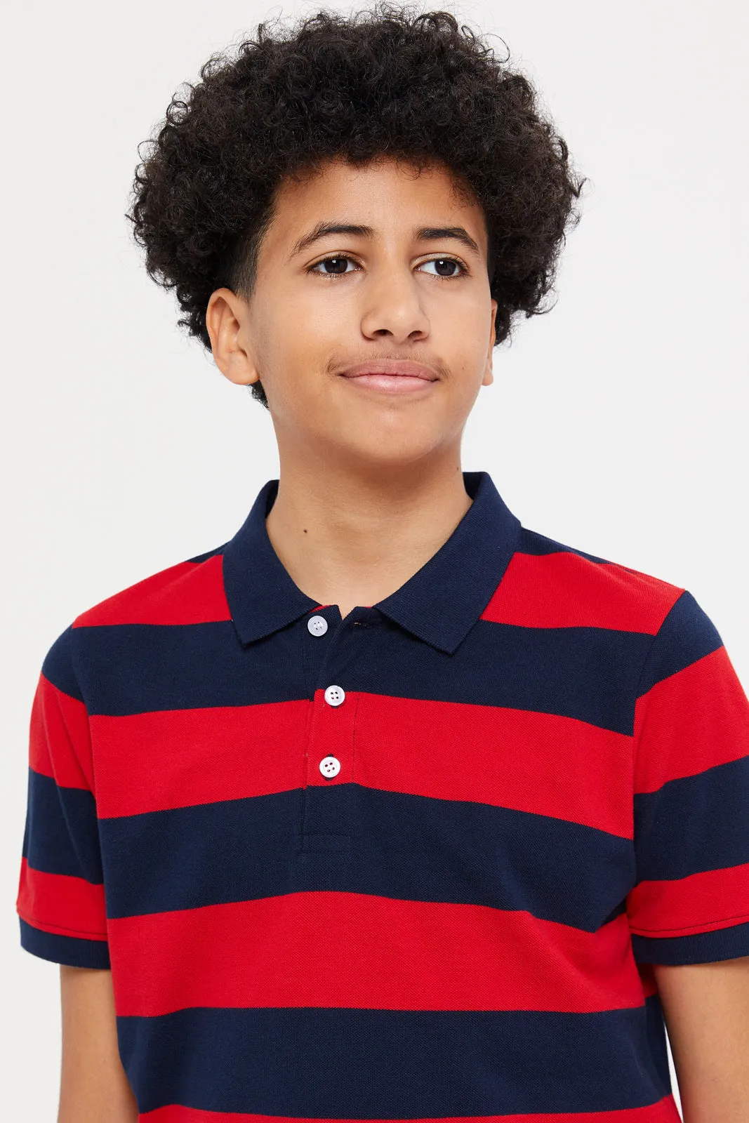 Senior Boys Navy And Red Striped Polo Shirt