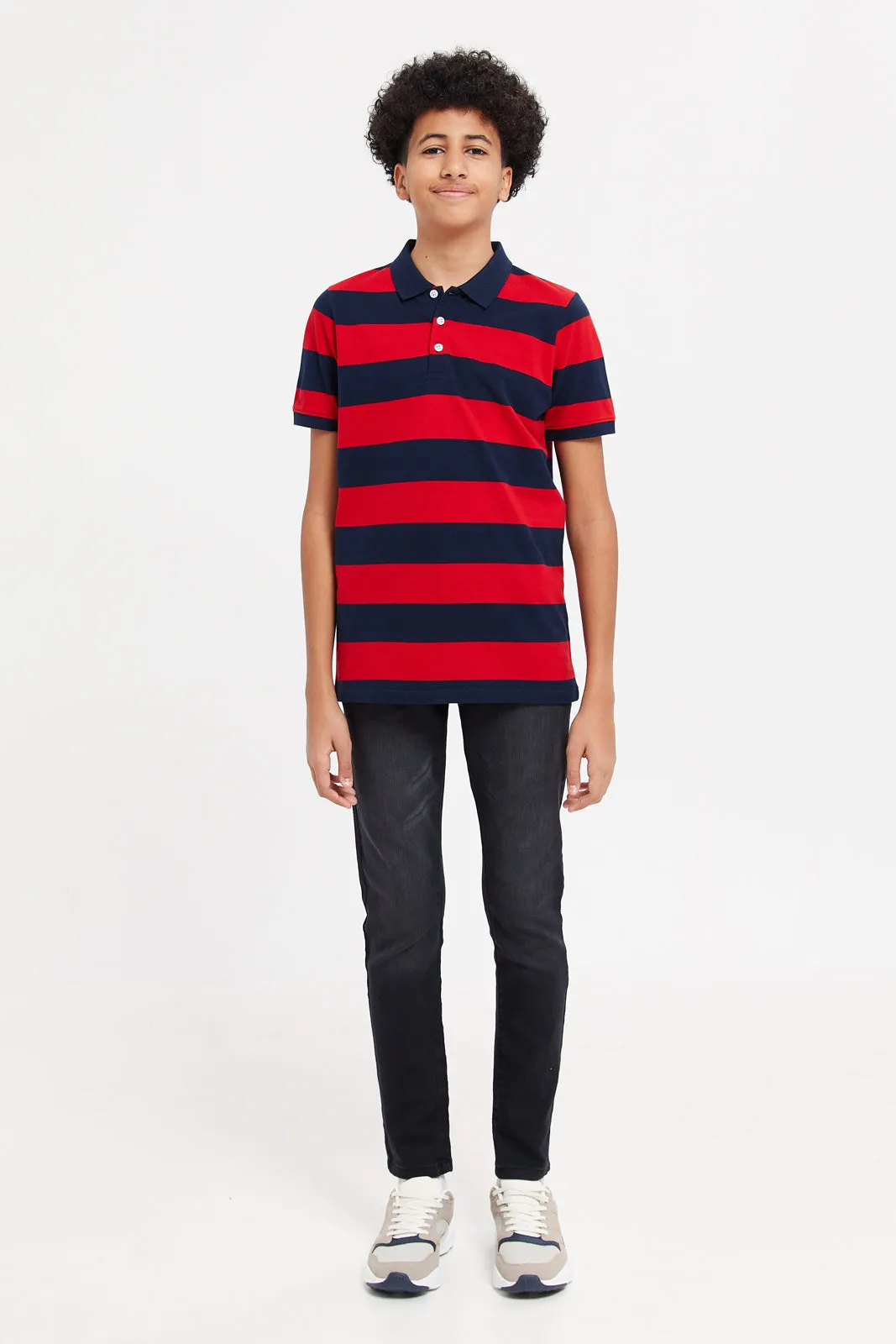 Senior Boys Navy And Red Striped Polo Shirt