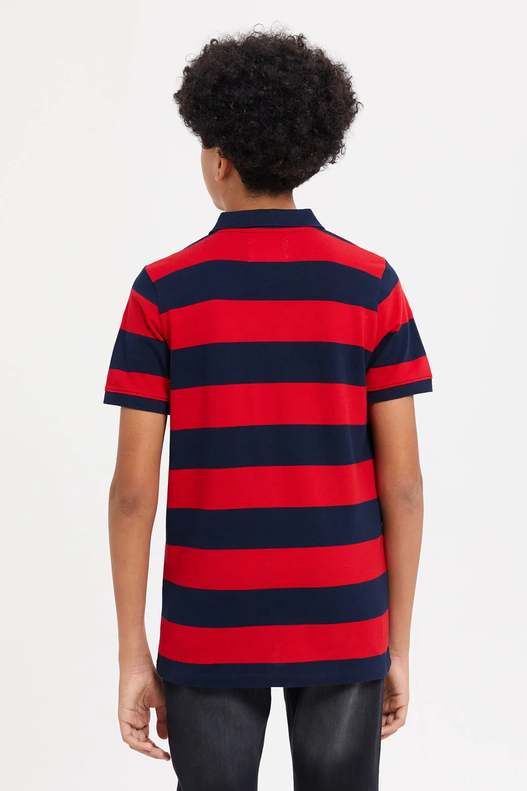 Senior Boys Navy And Red Striped Polo Shirt