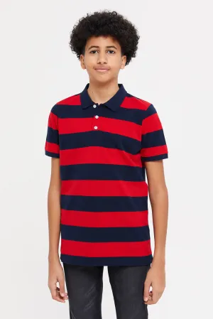 Senior Boys Navy And Red Striped Polo Shirt