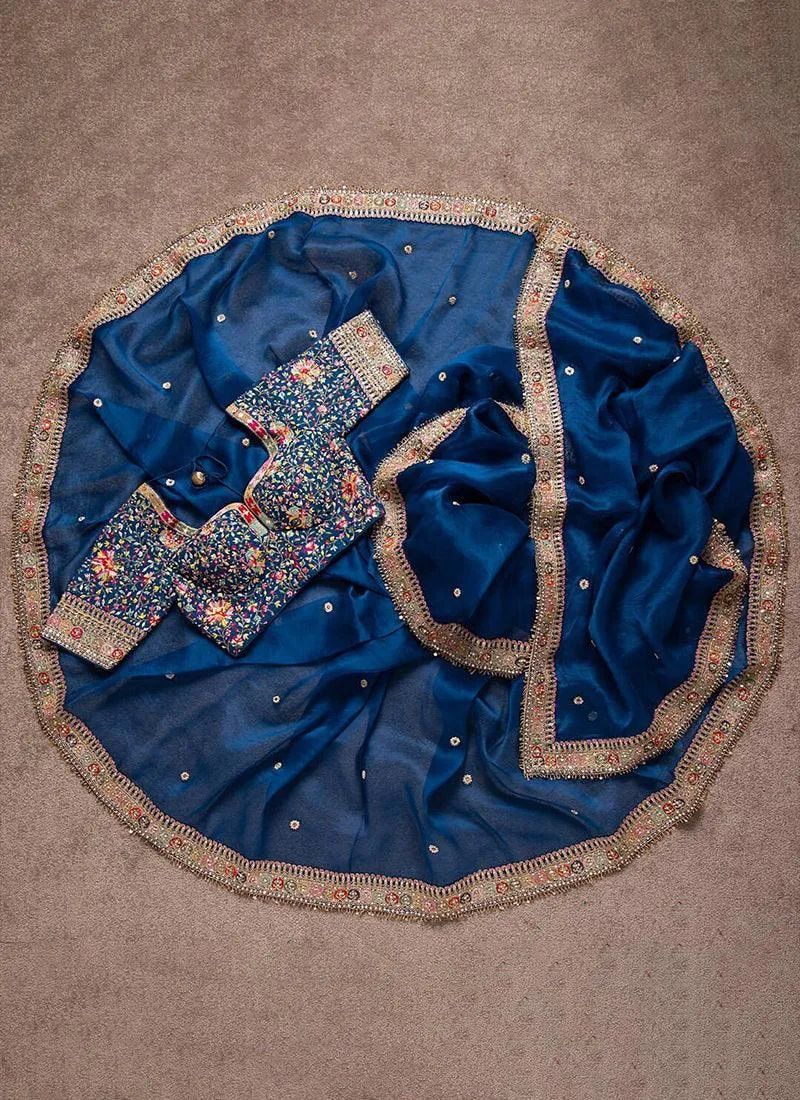 Sequins Work Navy Blue Party Wear Saree