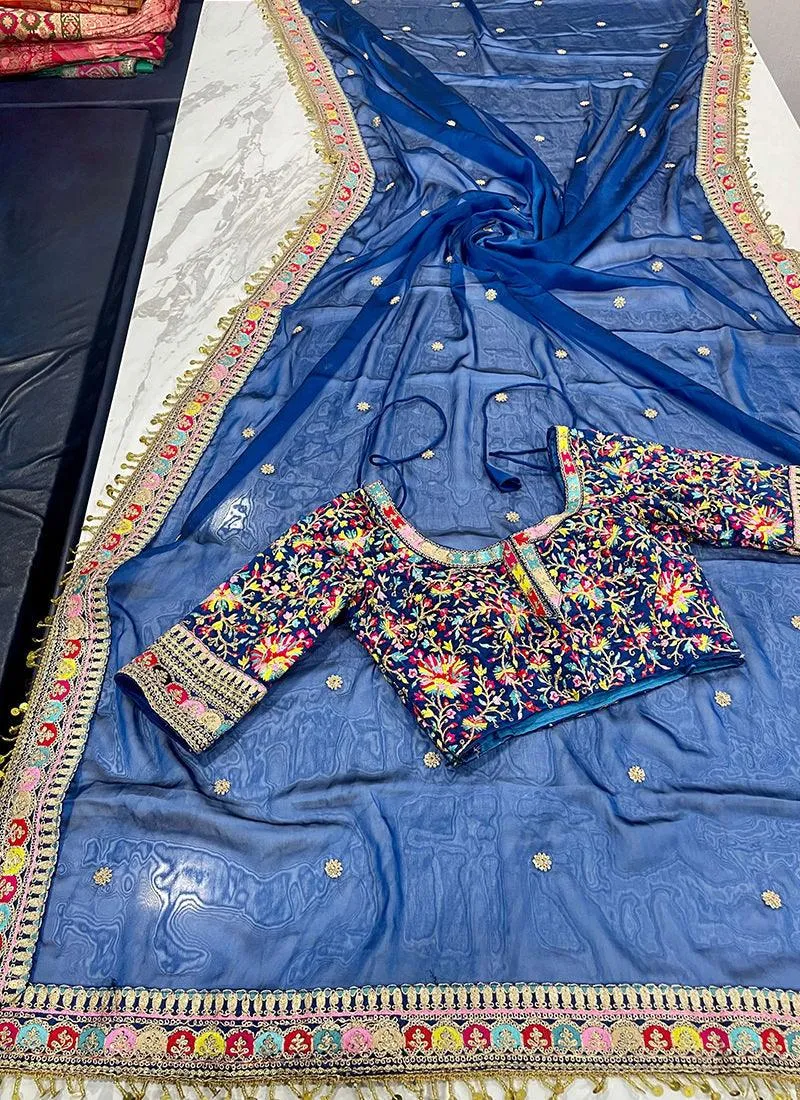 Sequins Work Navy Blue Party Wear Saree