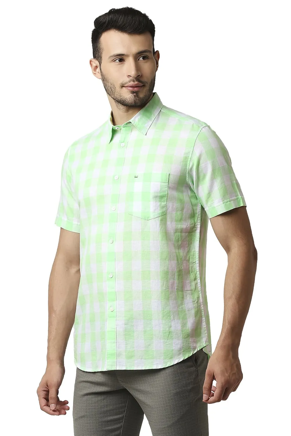 Slim Fit Cotton Linen Checks Halfsleeves Shirt