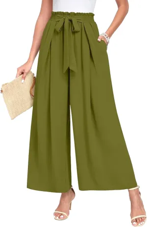 Spring Summer Women's High Waist Flared Pants Bow Loose Pleated Wide Leg Pants Belt Casual Trousers