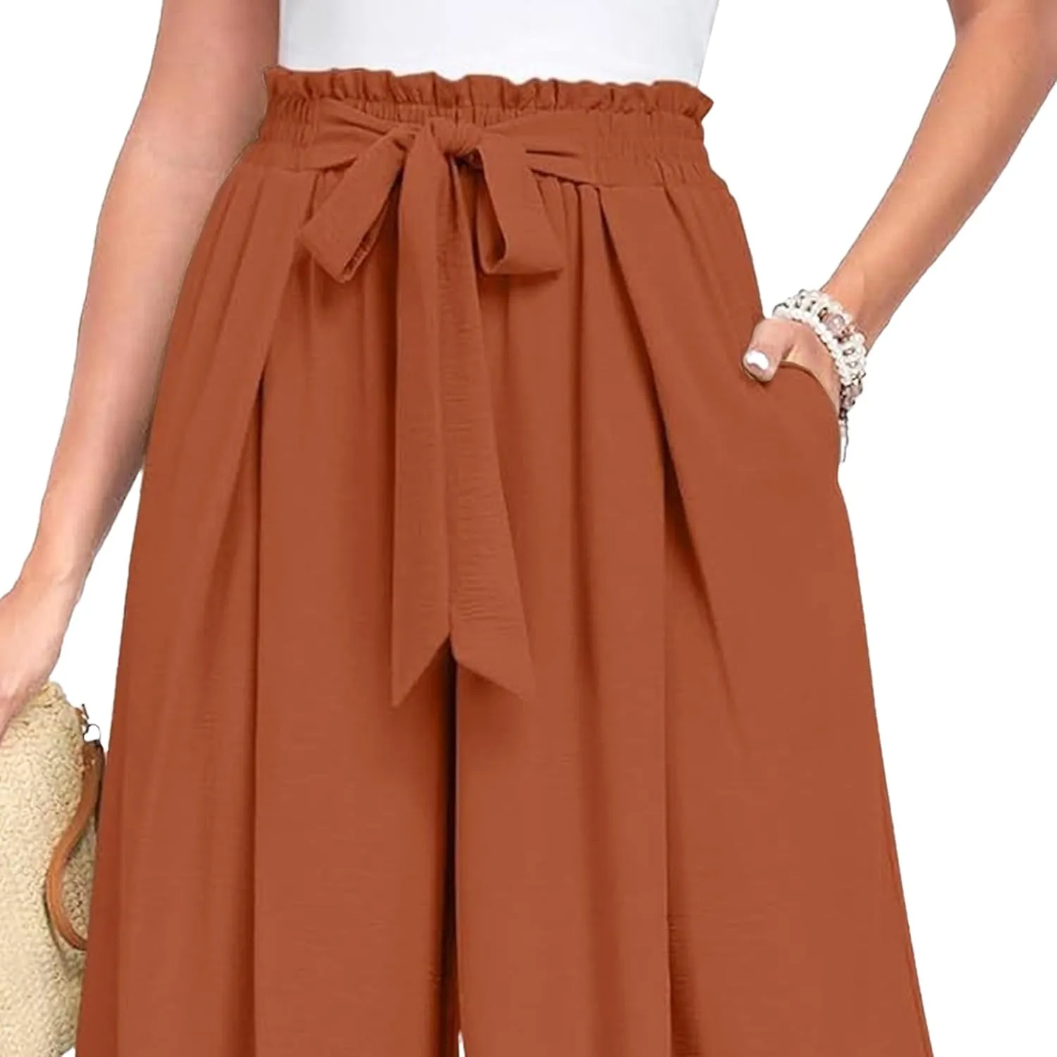Spring Summer Women's High Waist Flared Pants Bow Loose Pleated Wide Leg Pants Belt Casual Trousers