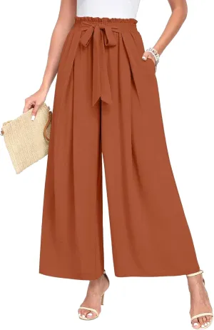 Spring Summer Women's High Waist Flared Pants Bow Loose Pleated Wide Leg Pants Belt Casual Trousers