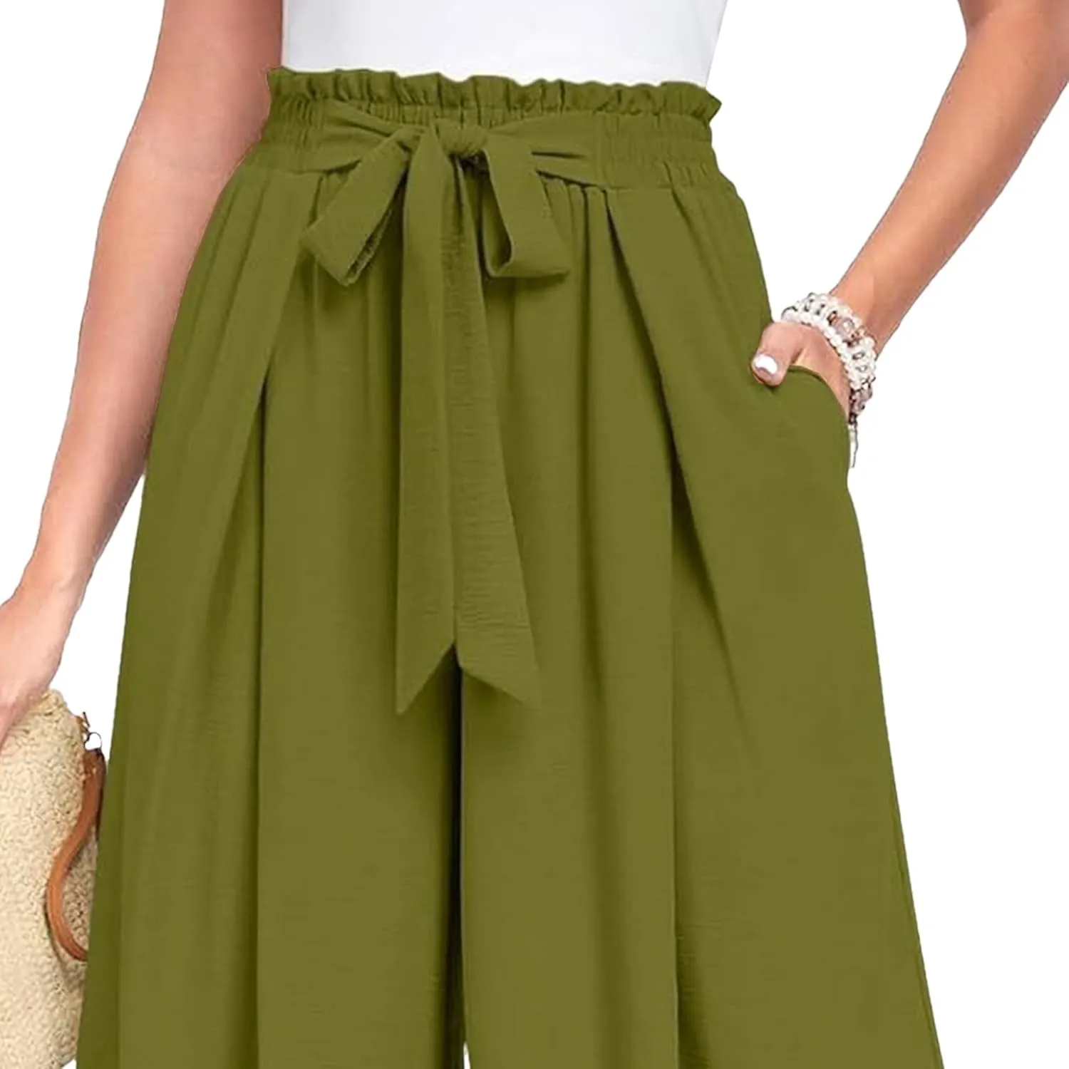 Spring Summer Women's High Waist Flared Pants Bow Loose Pleated Wide Leg Pants Belt Casual Trousers