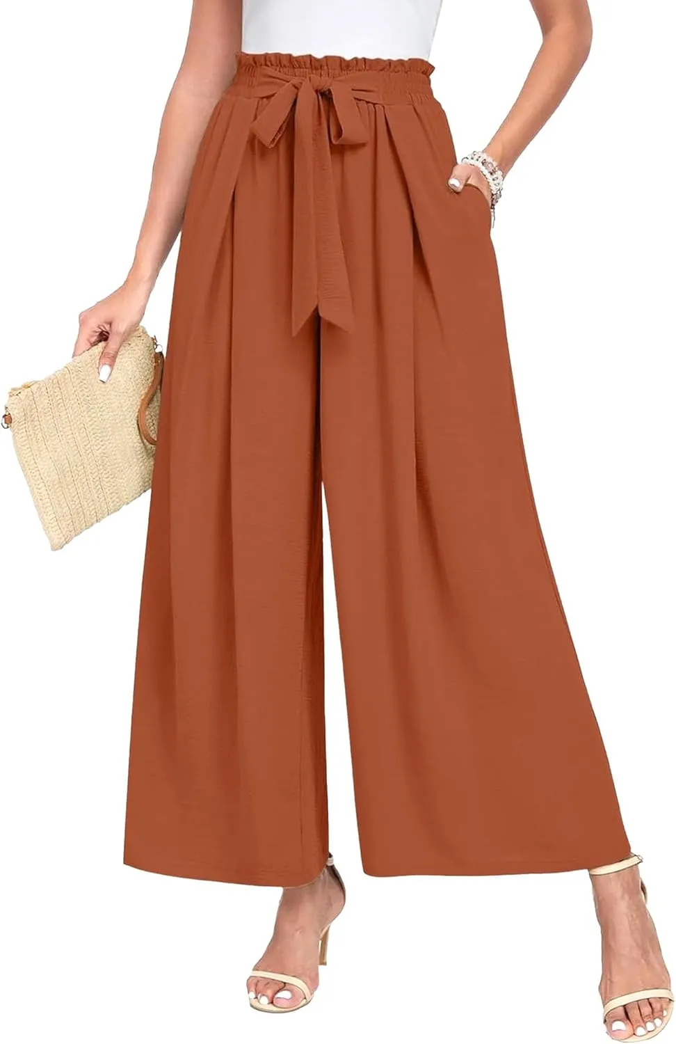 Spring Summer Women's High Waist Flared Pants Bow Loose Pleated Wide Leg Pants Belt Casual Trousers