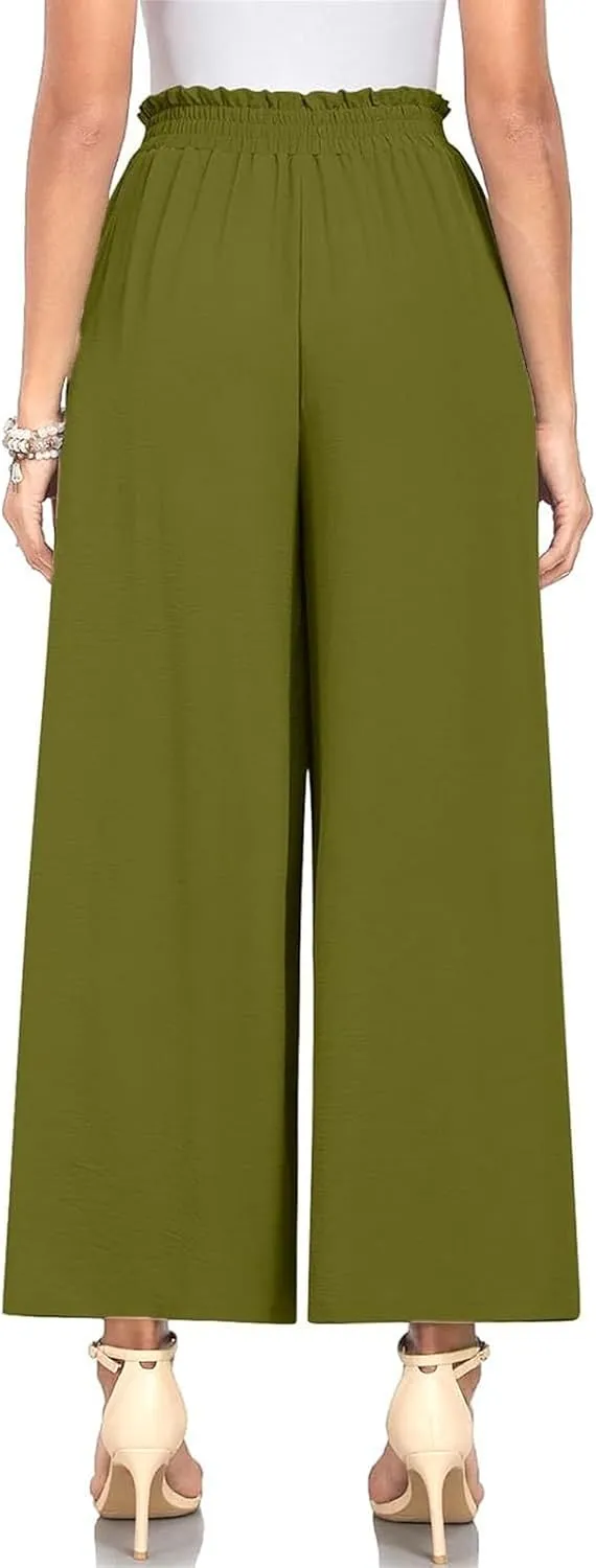 Spring Summer Women's High Waist Flared Pants Bow Loose Pleated Wide Leg Pants Belt Casual Trousers