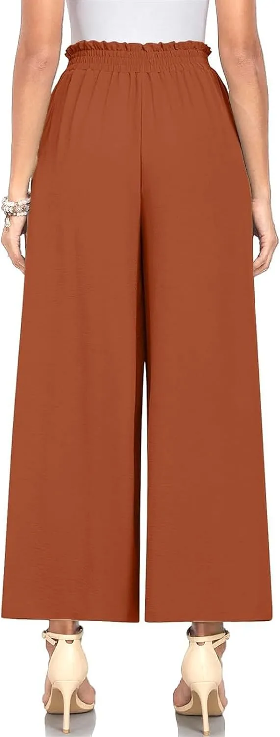 Spring Summer Women's High Waist Flared Pants Bow Loose Pleated Wide Leg Pants Belt Casual Trousers