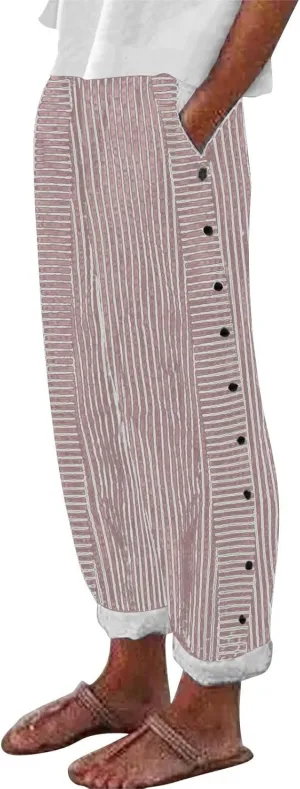 Striped Linen Pants Womens Cropped Side Bottom Trim Elastic Waist Capris Lightweight Summer Beach Trousers with Pocket