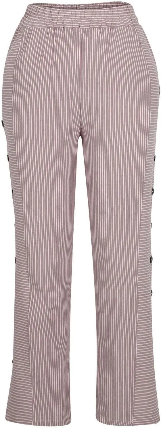 Striped Linen Pants Womens Cropped Side Bottom Trim Elastic Waist Capris Lightweight Summer Beach Trousers with Pocket