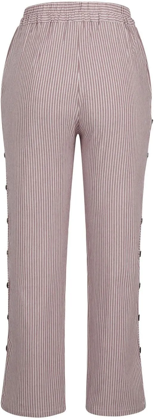 Striped Linen Pants Womens Cropped Side Bottom Trim Elastic Waist Capris Lightweight Summer Beach Trousers with Pocket