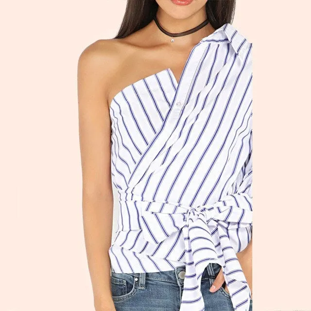 Striped One Shoulder Ruffled Blouse