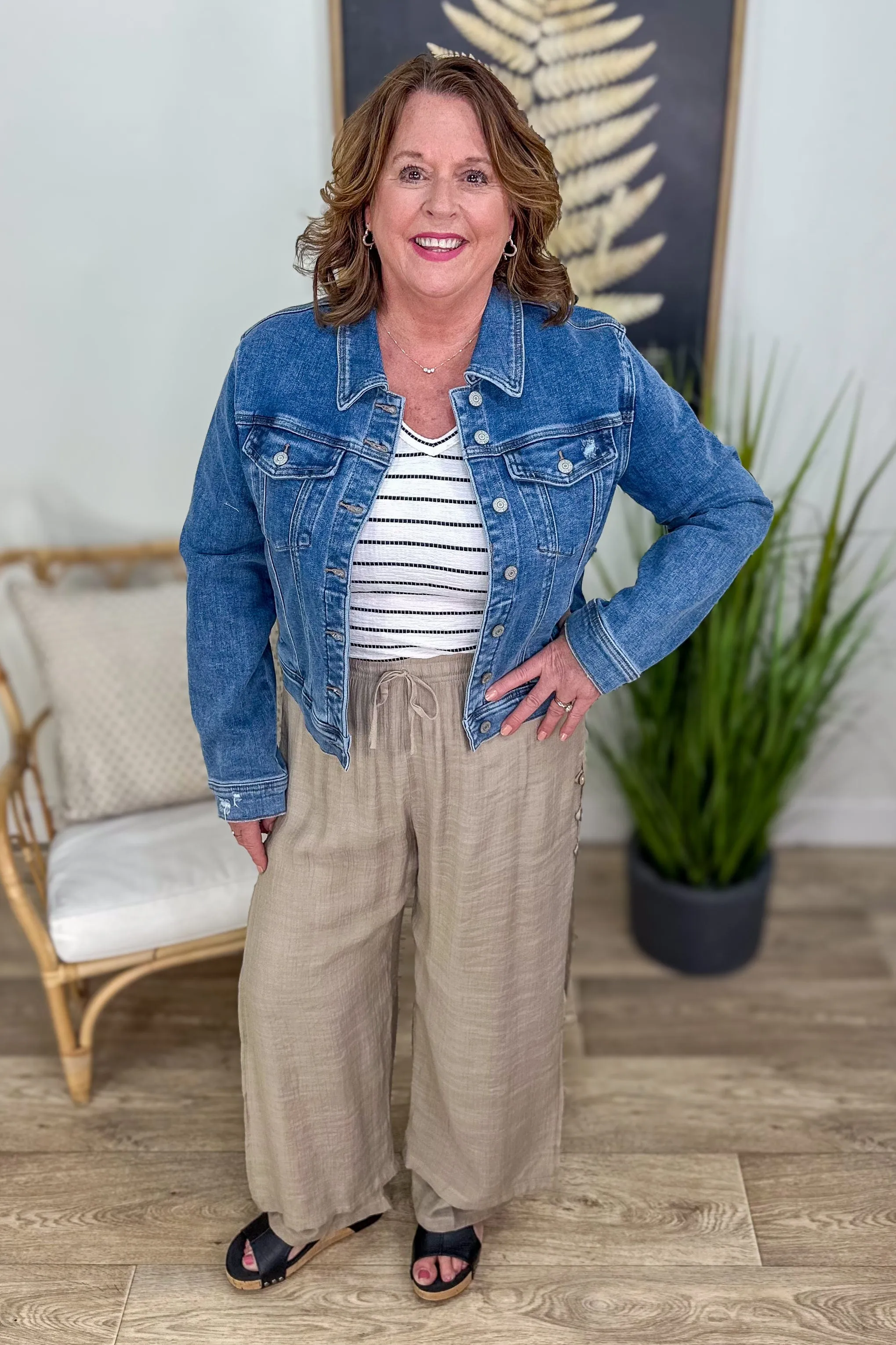 Taupe Flowy Side Button Gauze Pant