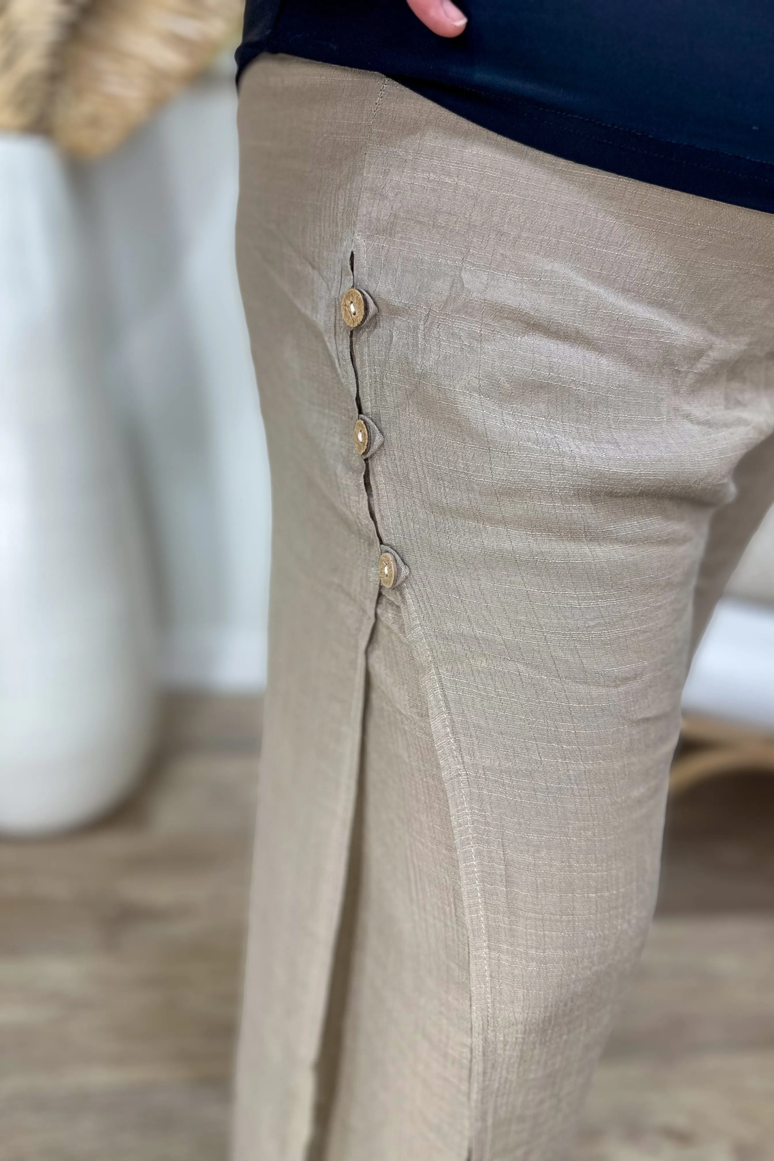 Taupe Flowy Side Button Gauze Pant