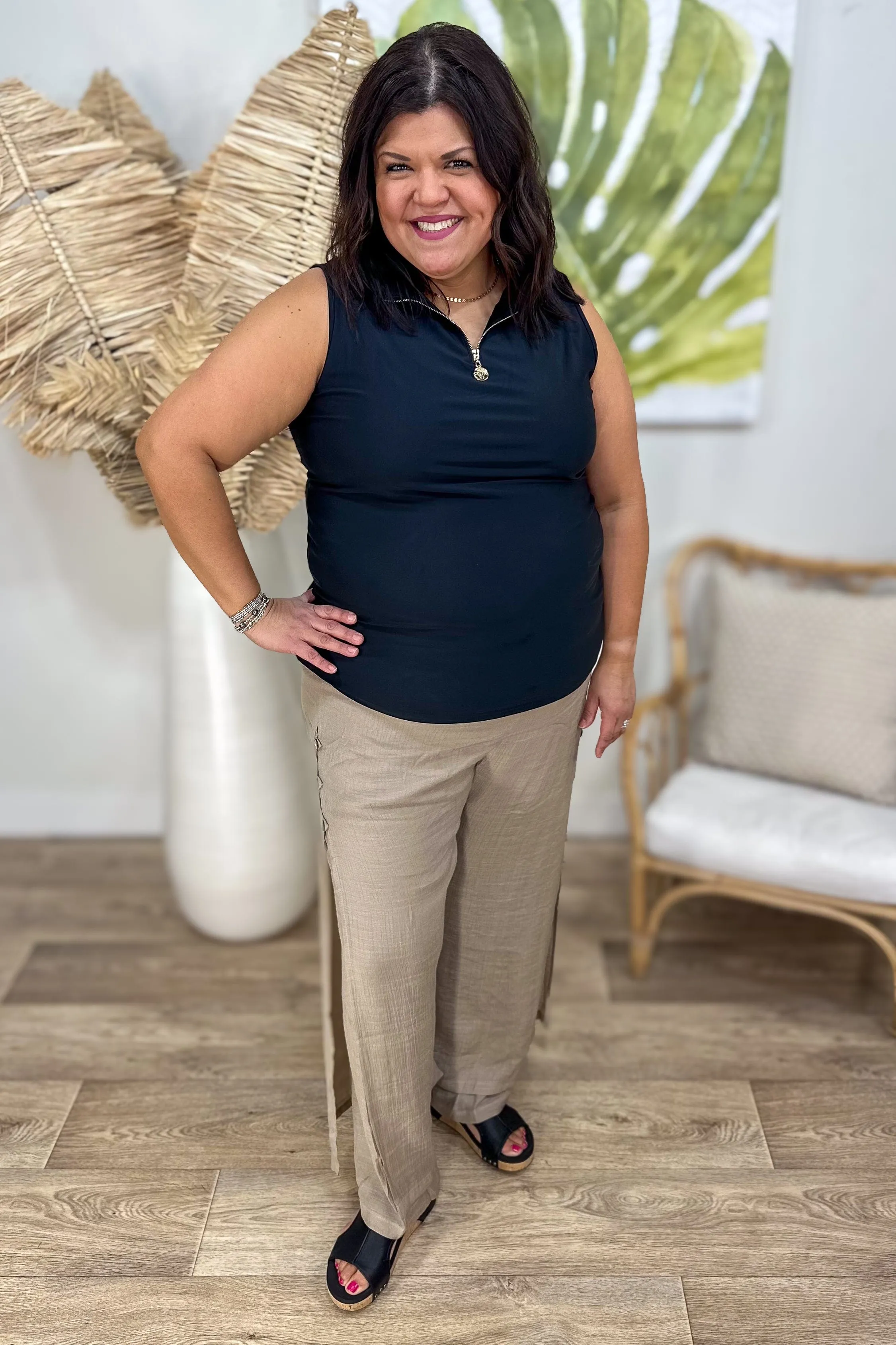 Taupe Flowy Side Button Gauze Pant