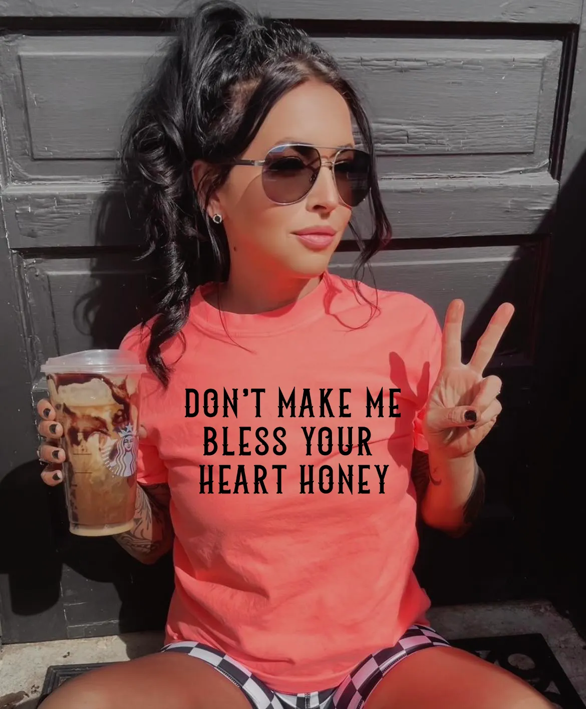 The neon Don’t Make Me Bless Your Heart Honey Collection on Comfort Colors or Beach Wash Graphic Tees // checkered shorts and joggers sold separately