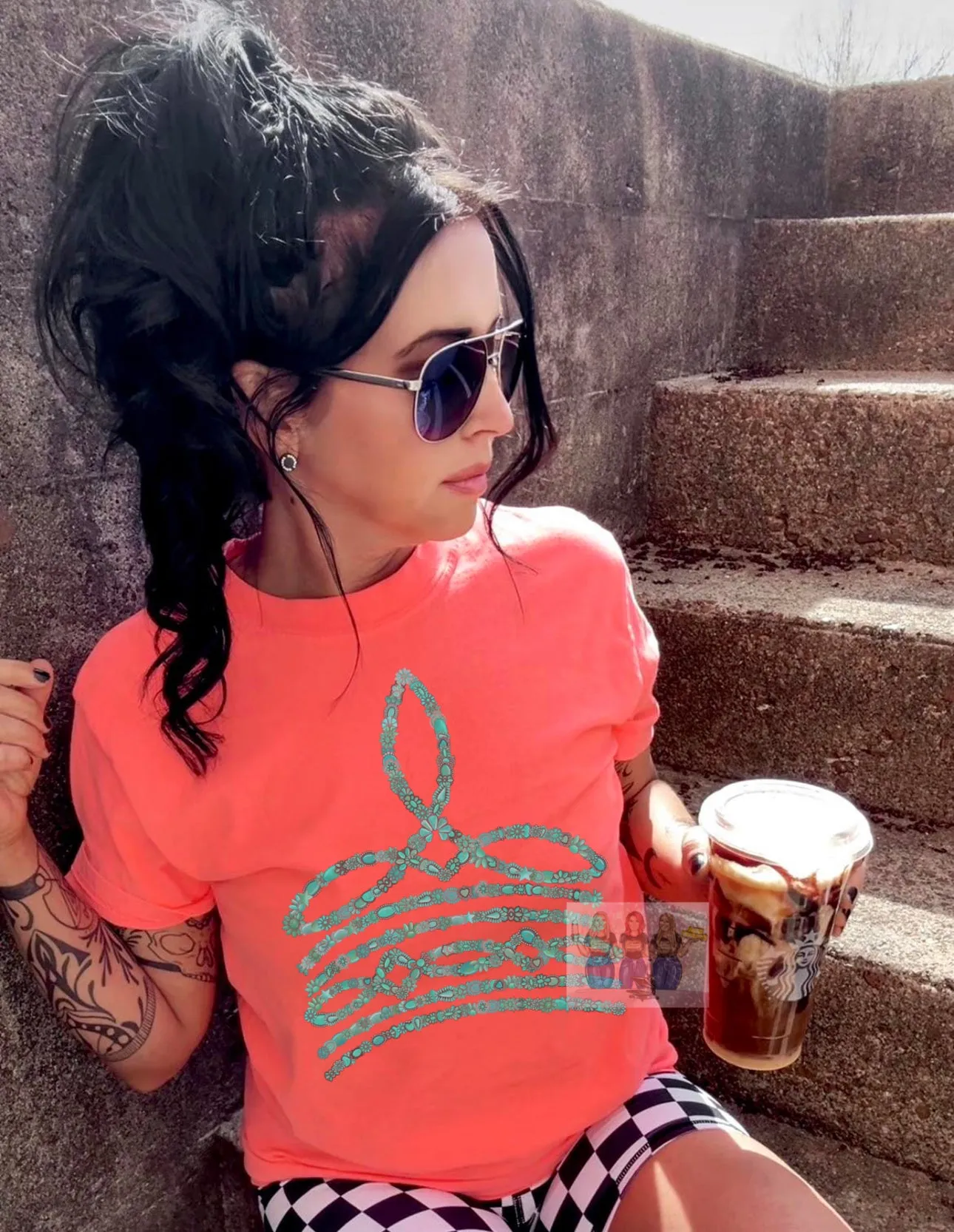 The Turquoise Stone Boot stitch Collection - checkered shorts sold separately