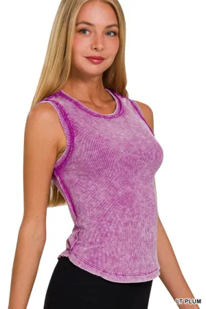 Washed Sleeveless Tank Top With Exposed Seam - LT PLUM