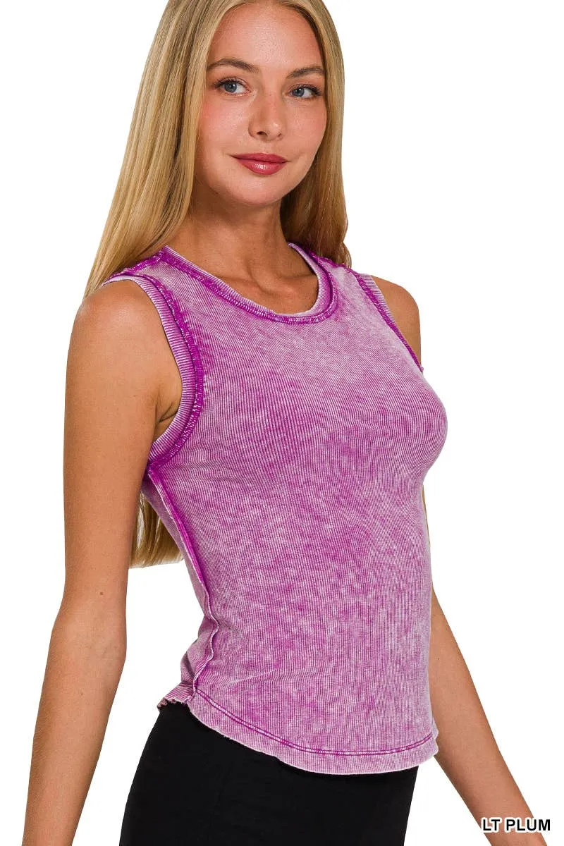 Washed Sleeveless Tank Top With Exposed Seam - LT PLUM
