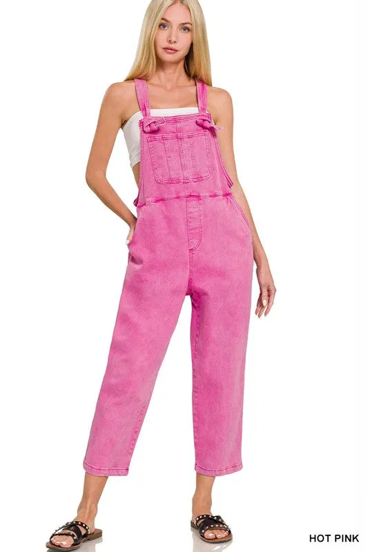 Washed Strap Knot Jean Overalls Jumper / Romper Pink
