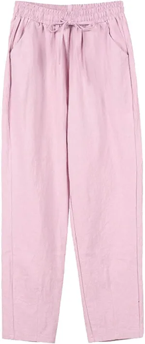 Wide Leg Linen Pants Women Hight Elastic Waisted Palazzo Pants Breathable Vacation Summer Casual Beach Trousers