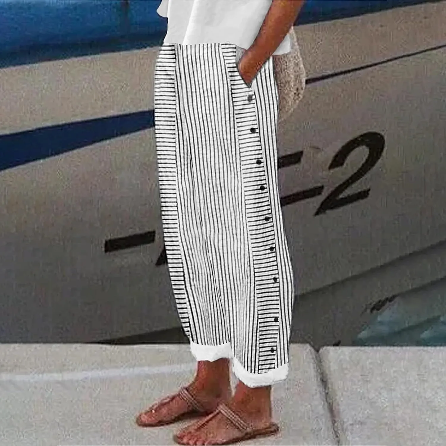 Women Linen Pants High Waist Adjustable High Waisted Dressy Trousers Linen Pants Women Summer Solid Lounge Long Trousers