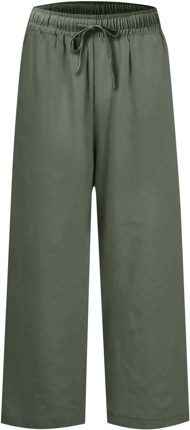 Women Pants Wide Leg Linen High Rise Summer Trendy Pants 2025 Elastic Flowy Palazzo with Pockets Solid Trouser Fashion