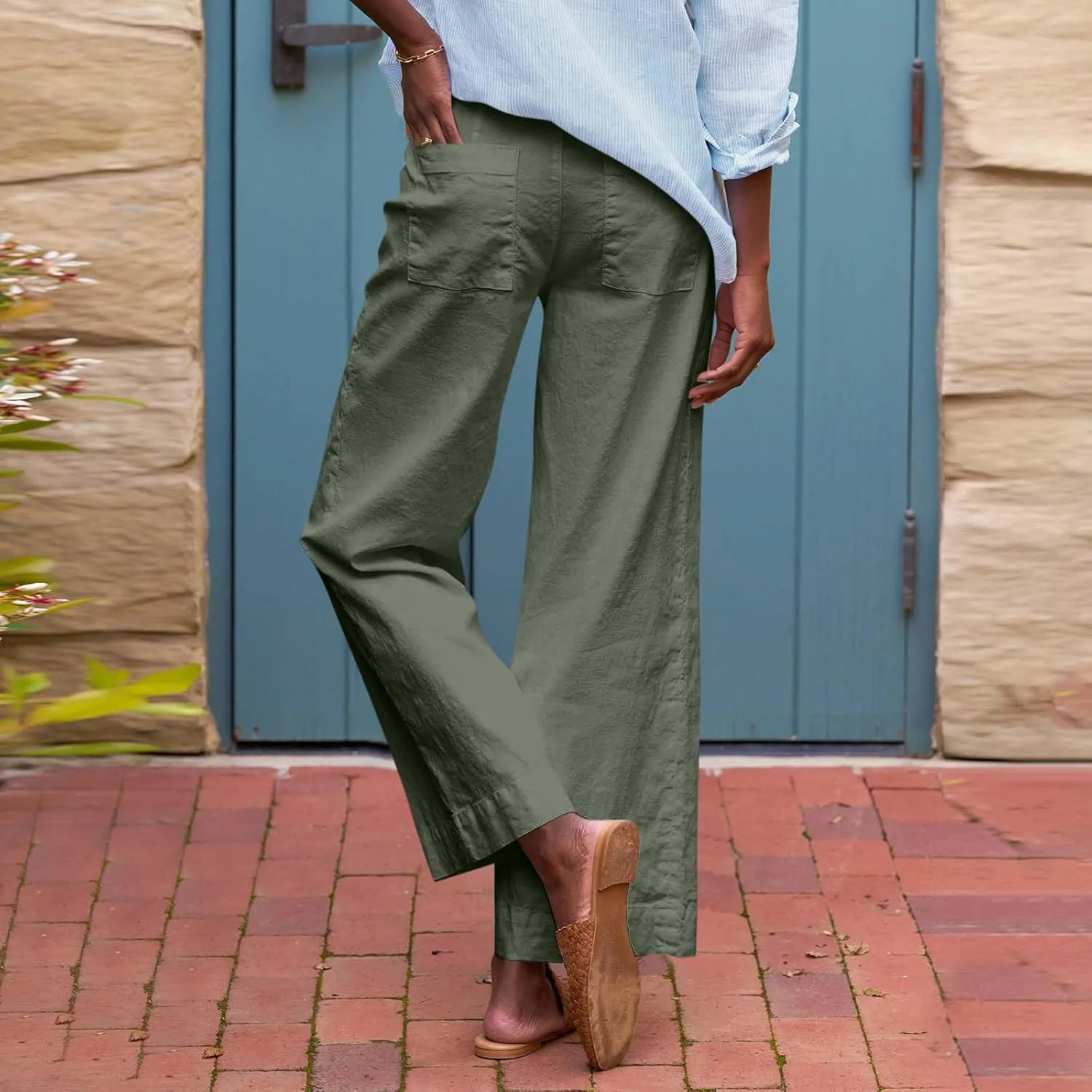 Women Pants Wide Leg Linen High Rise Summer Trendy Pants 2025 Elastic Flowy Palazzo with Pockets Solid Trouser Fashion