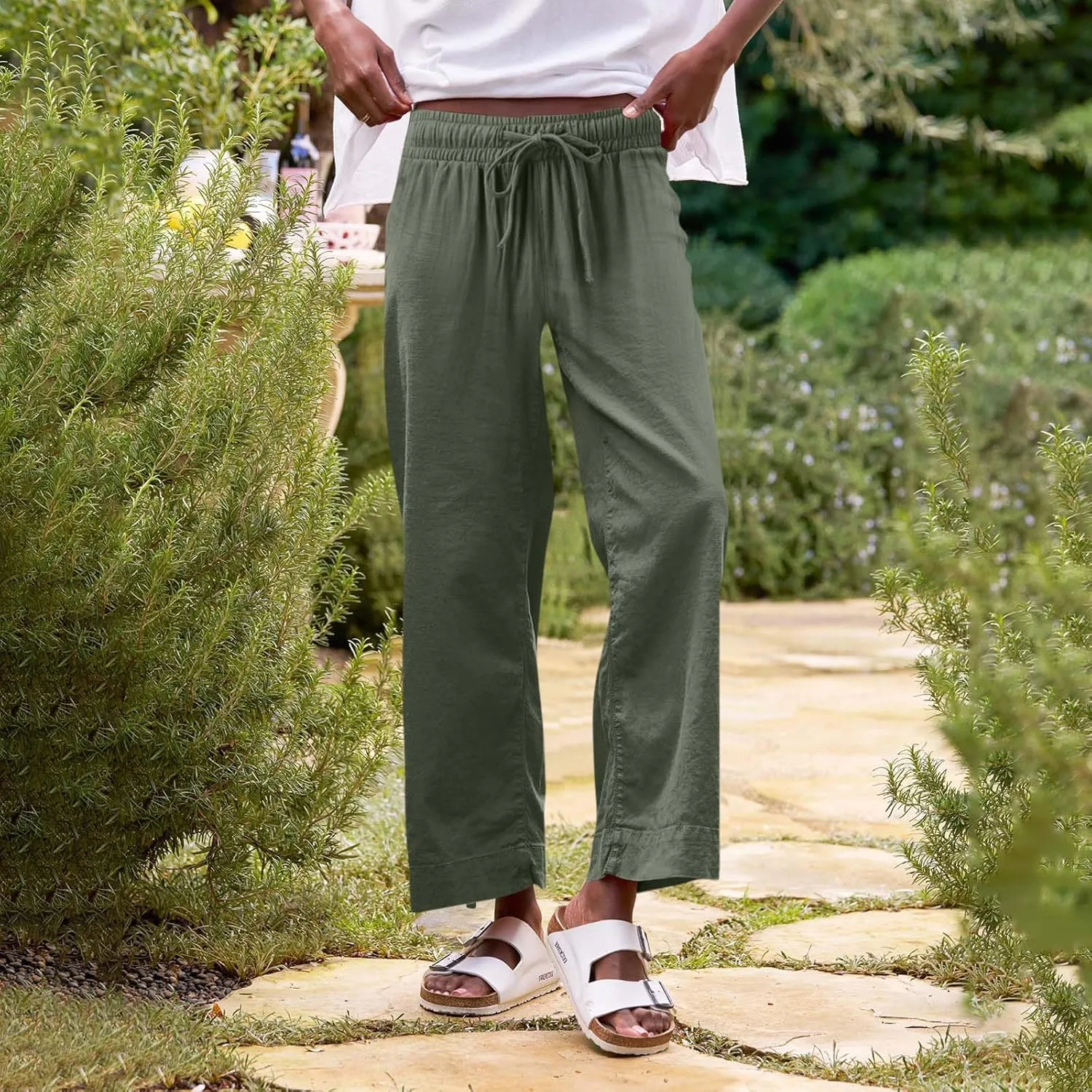 Women Pants Wide Leg Linen High Rise Summer Trendy Pants 2025 Elastic Flowy Palazzo with Pockets Solid Trouser Fashion
