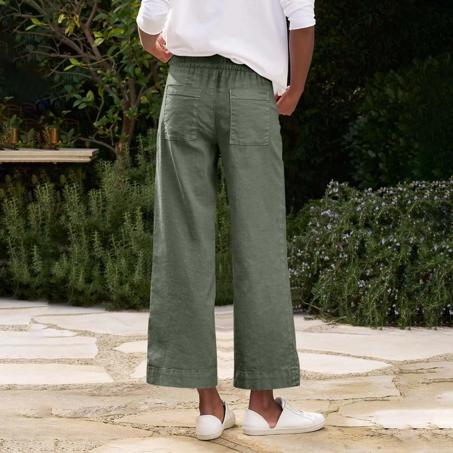 Women Pants Wide Leg Linen High Rise Summer Trendy Pants 2025 Elastic Flowy Palazzo with Pockets Solid Trouser Fashion