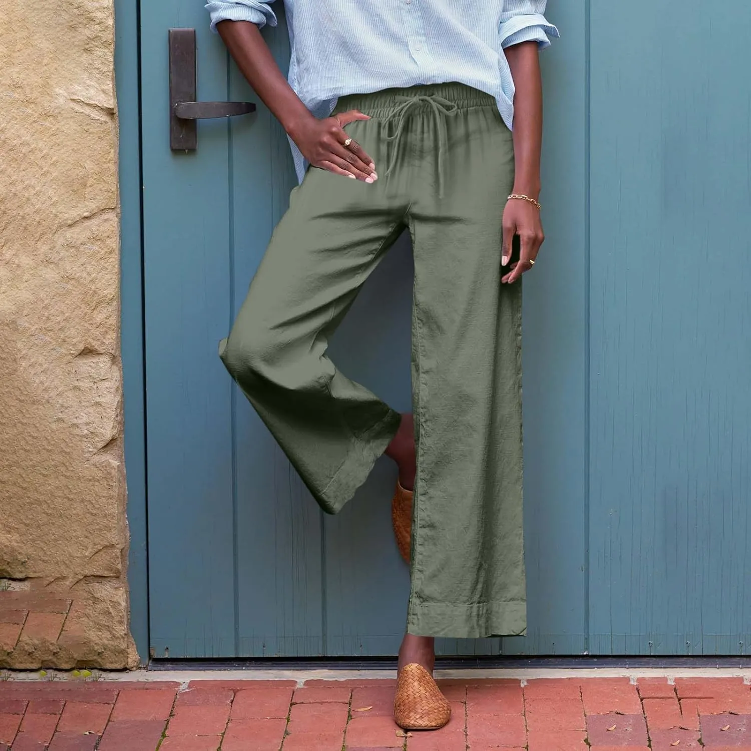 Women Pants Wide Leg Linen High Rise Summer Trendy Pants 2025 Elastic Flowy Palazzo with Pockets Solid Trouser Fashion