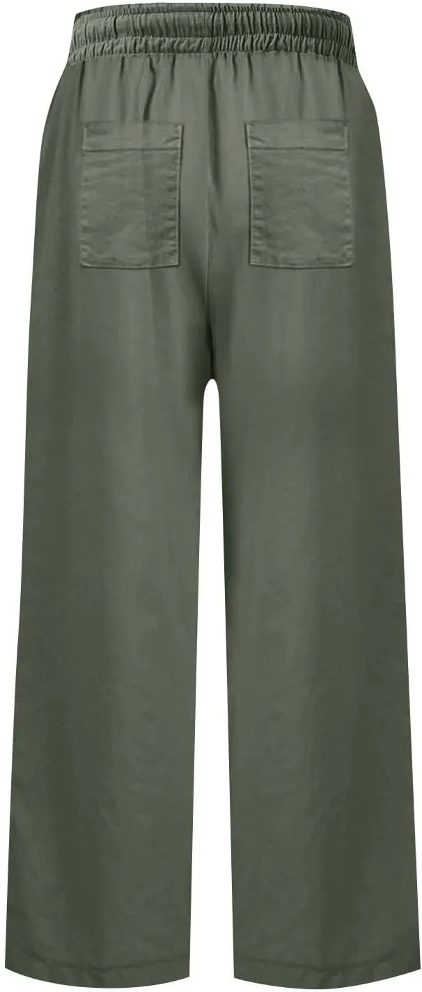 Women Pants Wide Leg Linen High Rise Summer Trendy Pants 2025 Elastic Flowy Palazzo with Pockets Solid Trouser Fashion