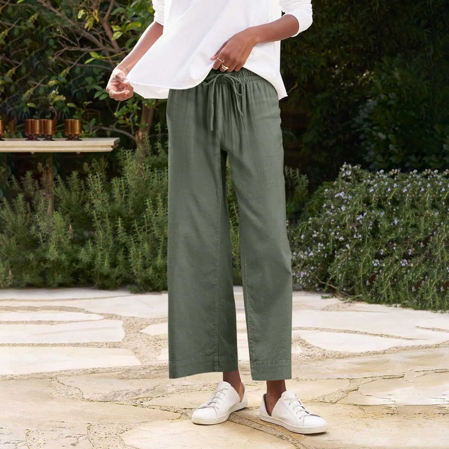 Women Pants Wide Leg Linen High Rise Summer Trendy Pants 2025 Elastic Flowy Palazzo with Pockets Solid Trouser Fashion