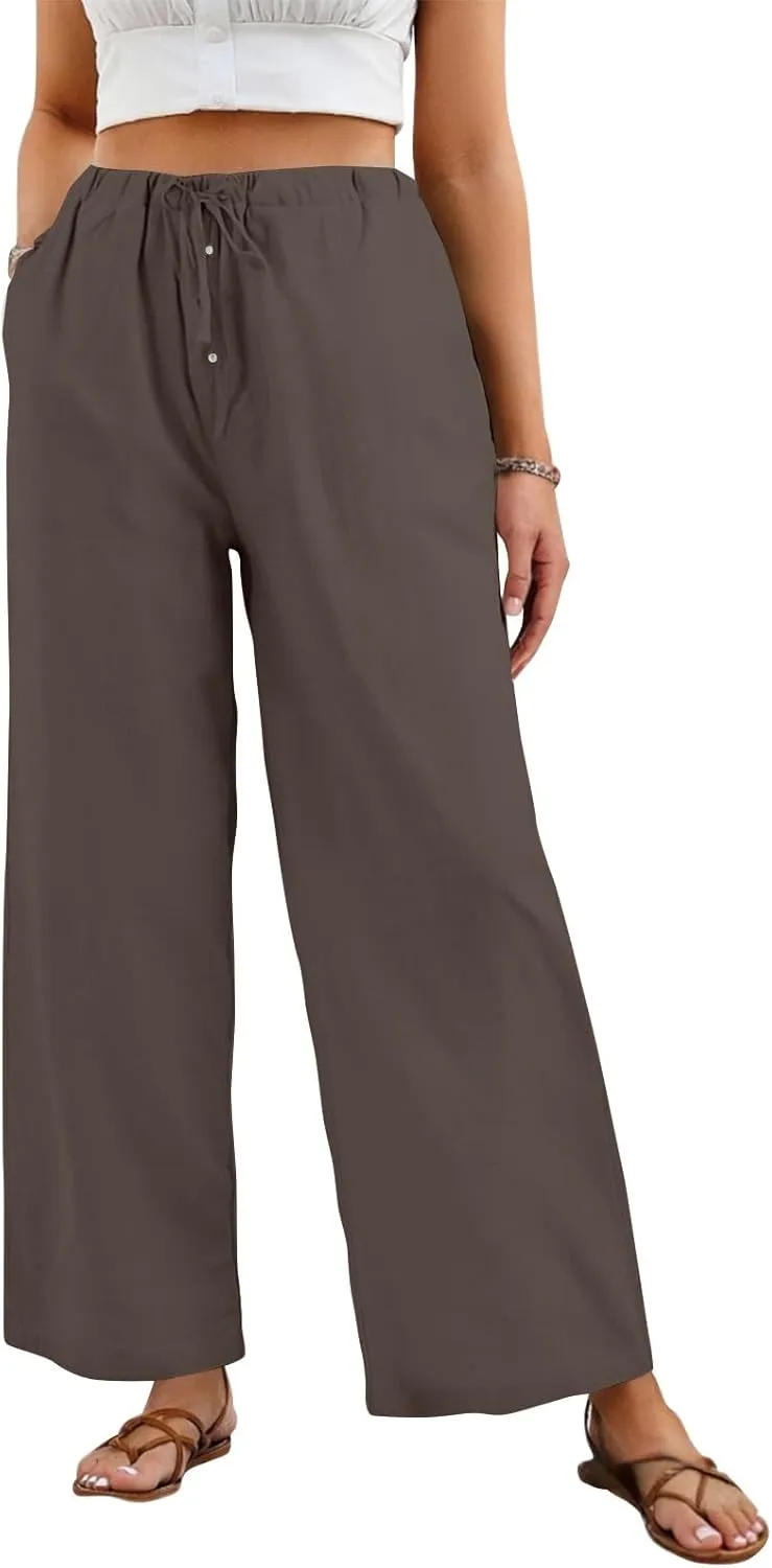 Womens Casual Pants Wide Leg Linen High Waisted Summer Fashion Comfy Pants Elastic Button Up Pockets Solid 2025 Outfit