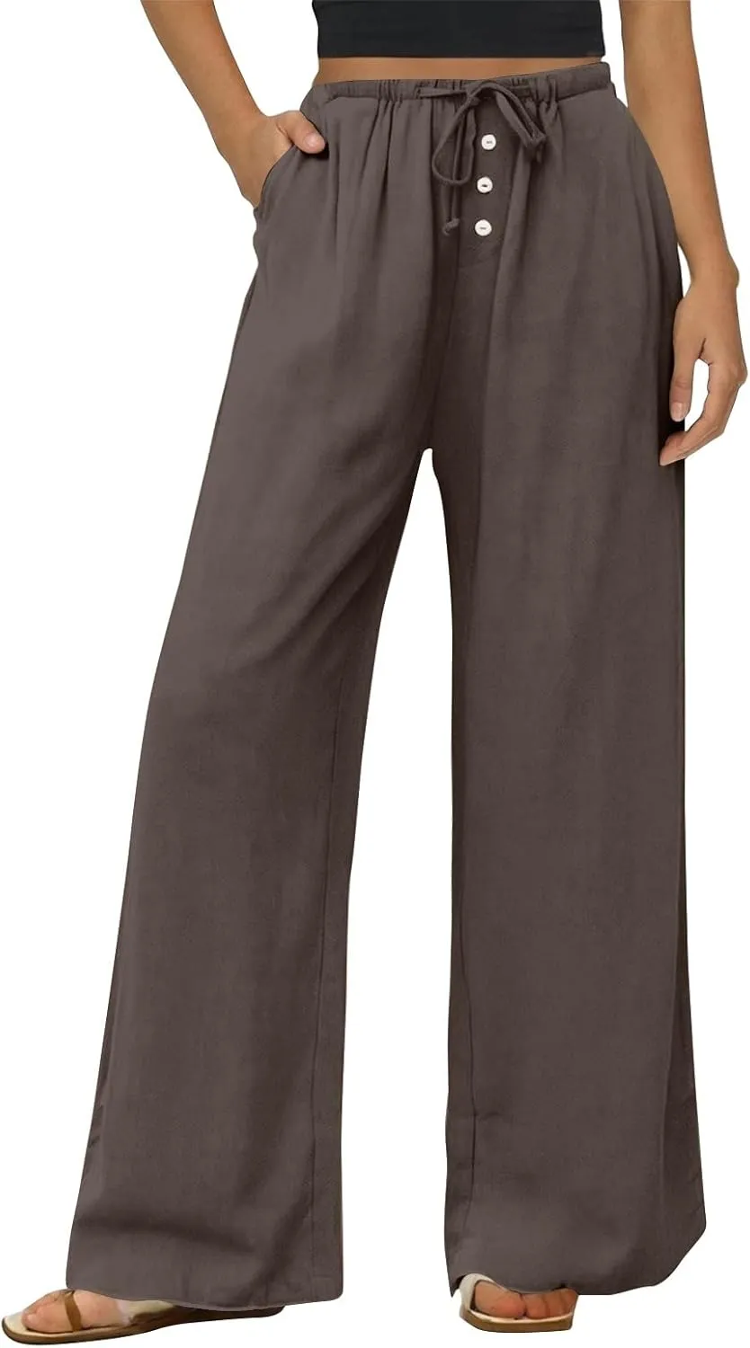 Womens Casual Pants Wide Leg Linen High Waisted Summer Fashion Comfy Pants Elastic Button Up Pockets Solid 2025 Outfit