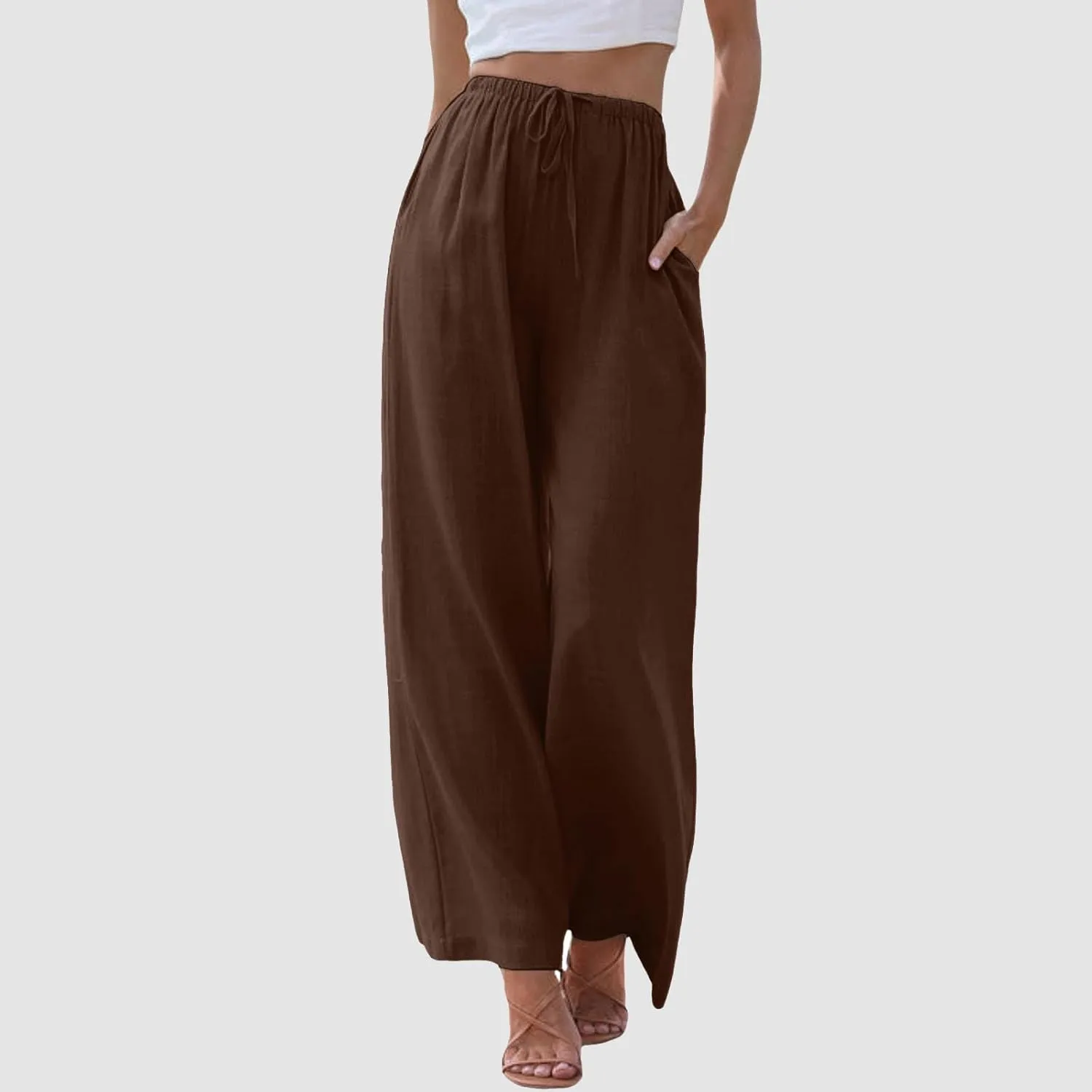 Womens Cotton Linen Wide Leg Palazzo Pants Drawstring Elastic Waisted Casual Summer Beach Flowy Trousers with Pockets