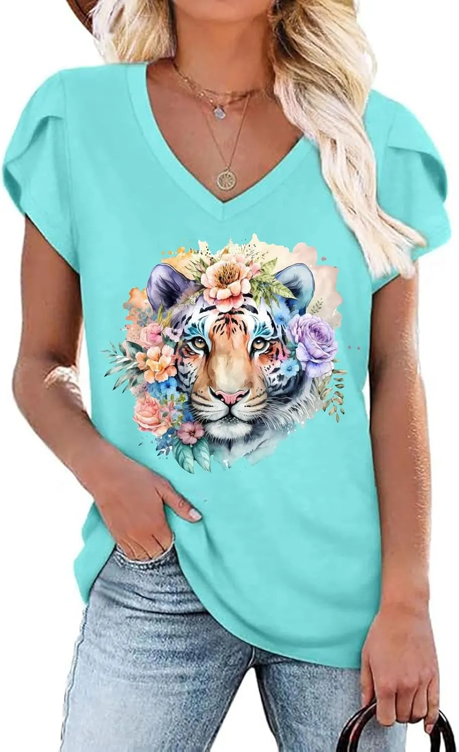 Womens Flamingo Print Tops Summer Sexy V Neck Petal Sleeve Casual Tee Tshirts S-3XL