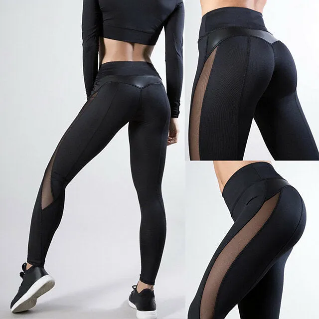 Women's High Waist Yoga Pants - Quick Dry Mesh Leather Running Fitness Leggings, Hip Push-Up, High Elasticity Tights
