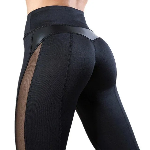 Women's High Waist Yoga Pants - Quick Dry Mesh Leather Running Fitness Leggings, Hip Push-Up, High Elasticity Tights