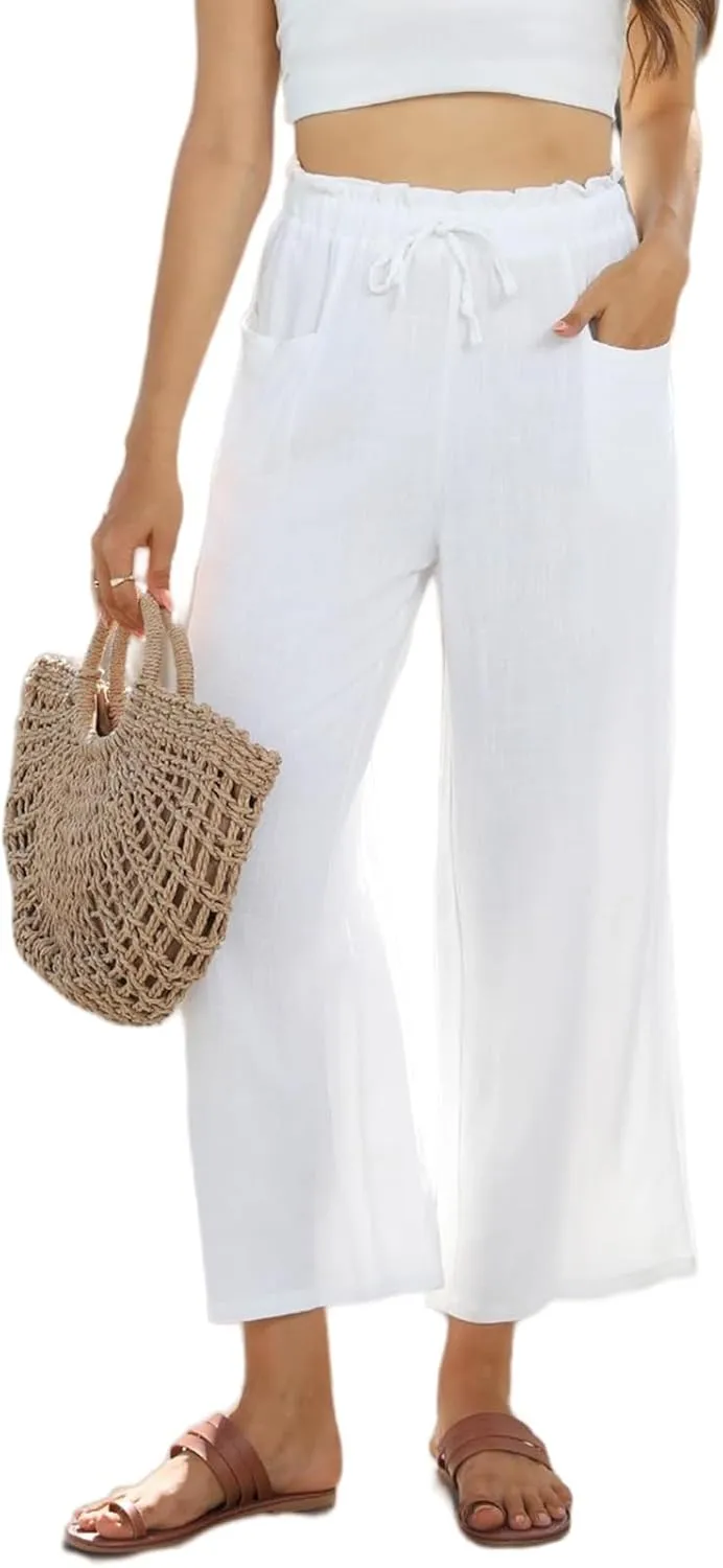 Womens Linen Pants Summer Wide Leg Capri High Waist Drawstring Palazzo Cropped Beach Boho Flowy Trousers with Pockets
