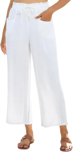Womens Linen Pants Summer Wide Leg Capri High Waist Drawstring Palazzo Cropped Beach Boho Flowy Trousers with Pockets