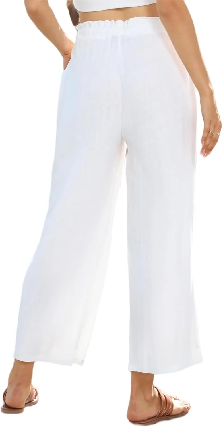 Womens Linen Pants Summer Wide Leg Capri High Waist Drawstring Palazzo Cropped Beach Boho Flowy Trousers with Pockets