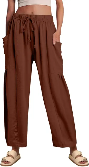 Womens Palazzo Pants Cotton Linen High Waisted Summer 2025 Pants Drawstring Wide Leg Multi-Pocket Solid Outfit Fashion