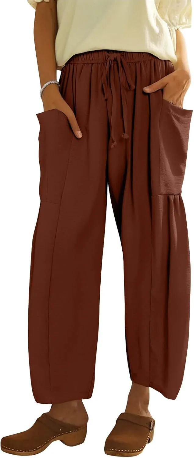 Womens Palazzo Pants Cotton Linen High Waisted Summer 2025 Pants Drawstring Wide Leg Multi-Pocket Solid Outfit Fashion
