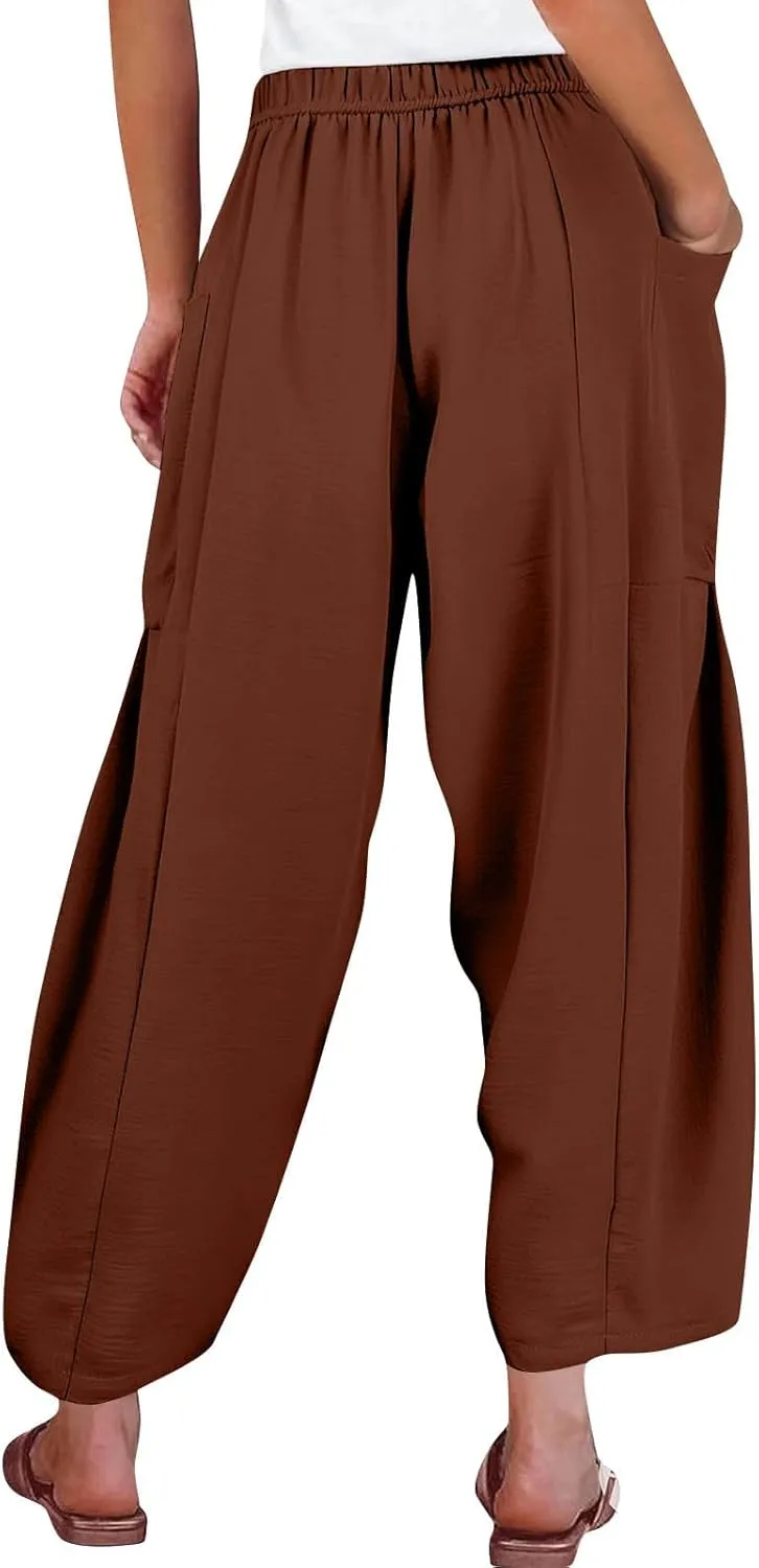Womens Palazzo Pants Cotton Linen High Waisted Summer 2025 Pants Drawstring Wide Leg Multi-Pocket Solid Outfit Fashion