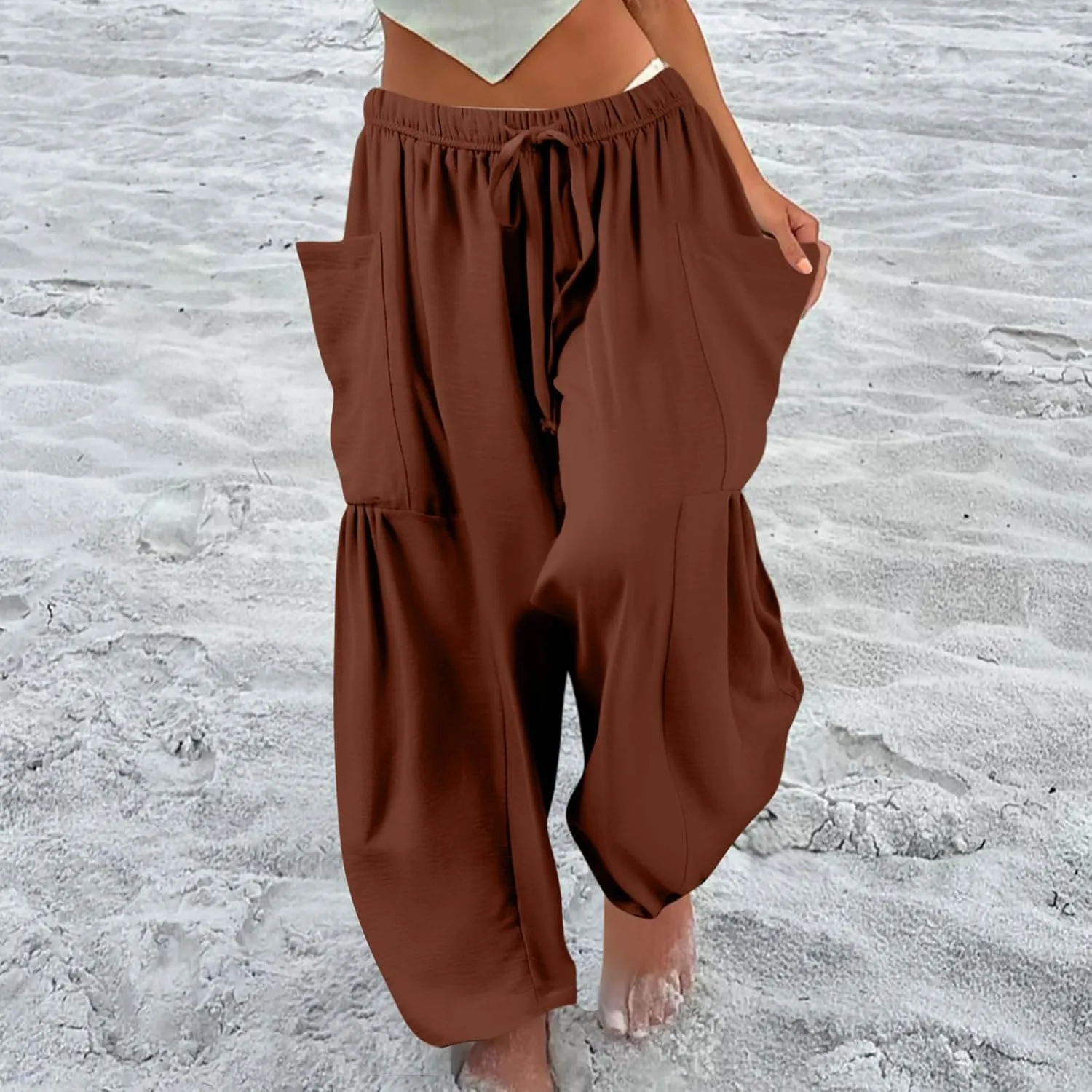 Womens Palazzo Pants Cotton Linen High Waisted Summer 2025 Pants Drawstring Wide Leg Multi-Pocket Solid Outfit Fashion