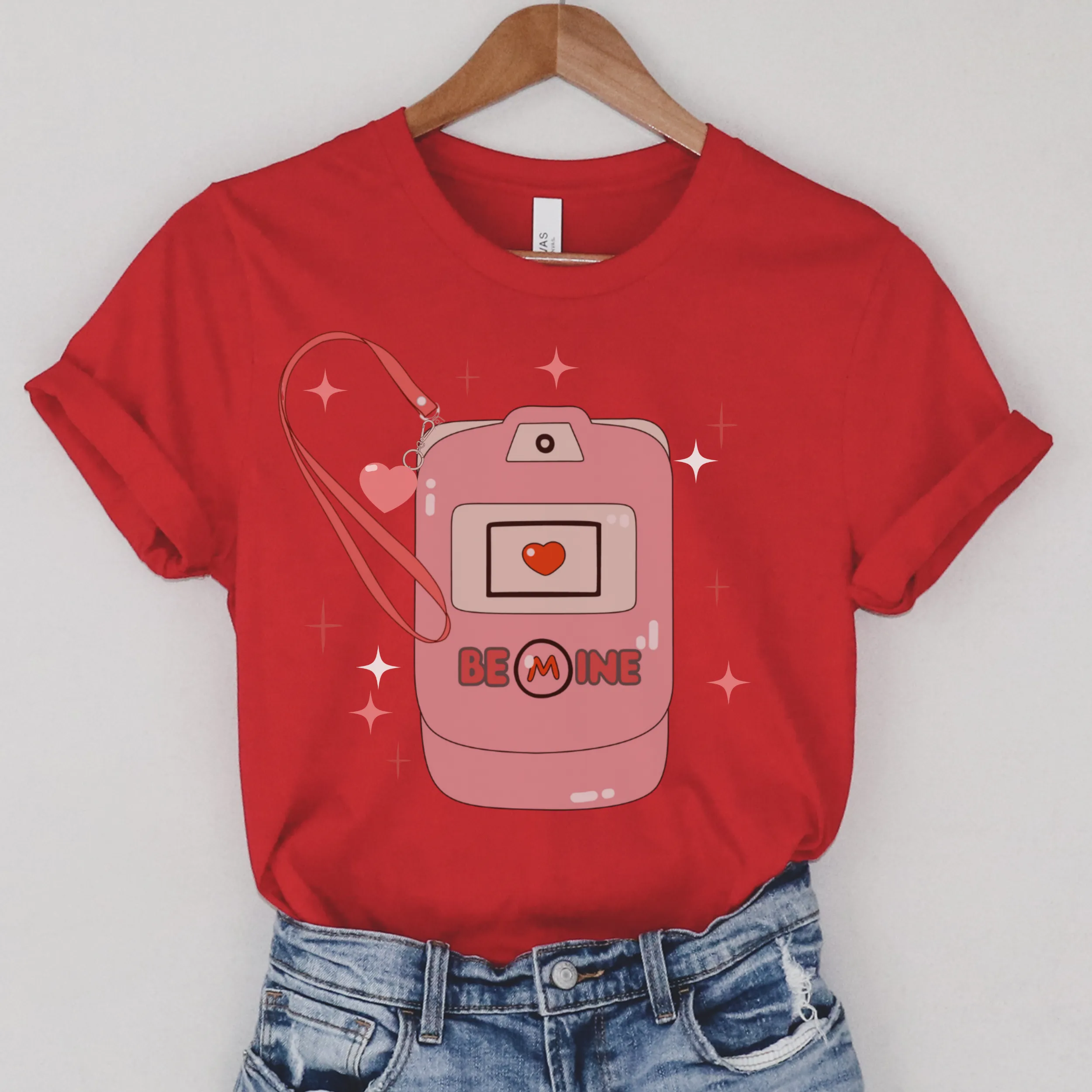 Women's Valentine's Unisex Jersey Short Sleeve Tee Funny Be Mine Flip-Phone in Pink, Red or White Soft Bella Canvas Valentine's T-Shirt